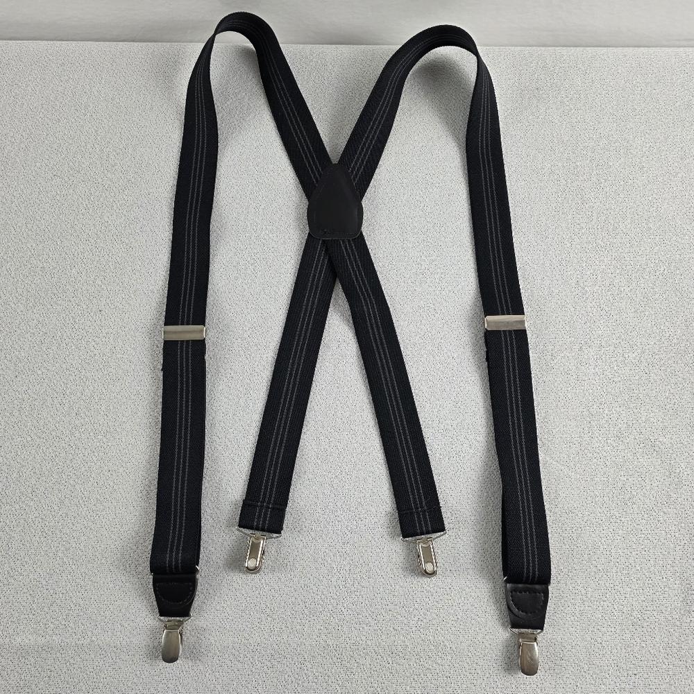 Navy Blue Striped Elastic Suspenders Silver-Toned Men's Wear Traditional